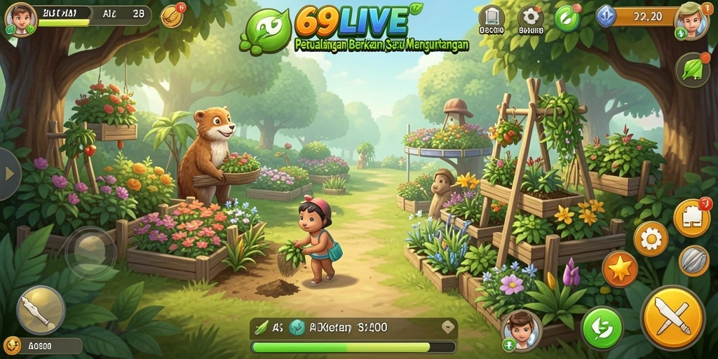 Tampilan gameplay 69LIVE yang menggambarkan kebun yang subur dan berwarna-warni.