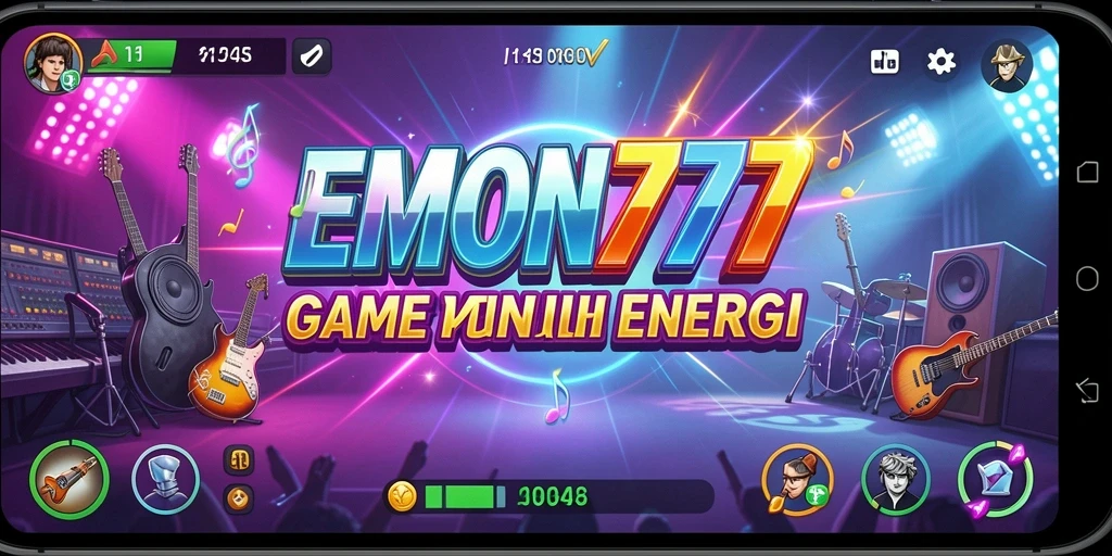 Tangkapan layar utama EMON777 menampilkan gameplay seru dengan lagu yang menggetarkan.