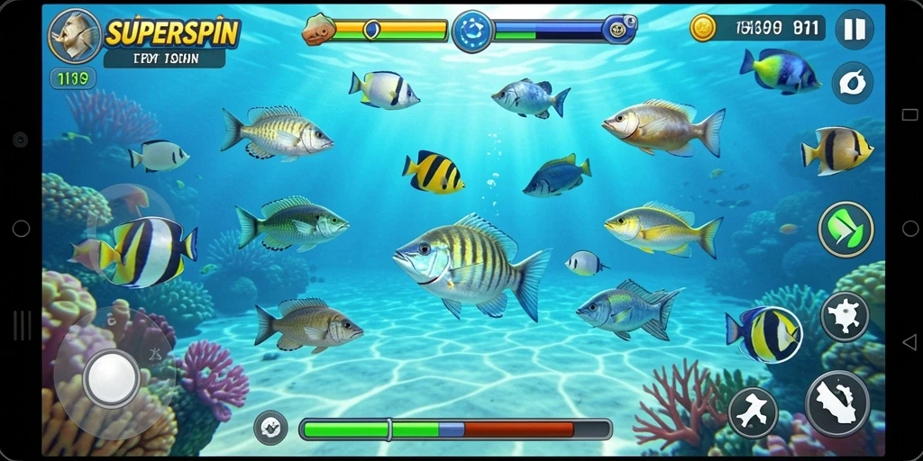 Gameplay menarik dari SUPERSPIN saat menembak ikan di laut.