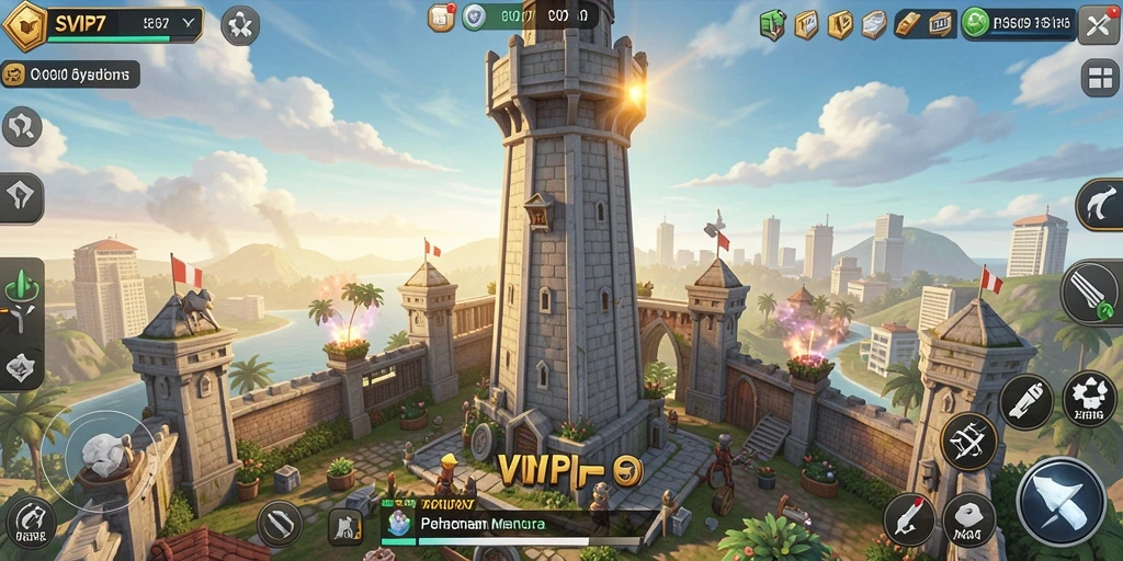 Screenshot gameplay SVIP7 menampilkan menara yang siap bertahan.