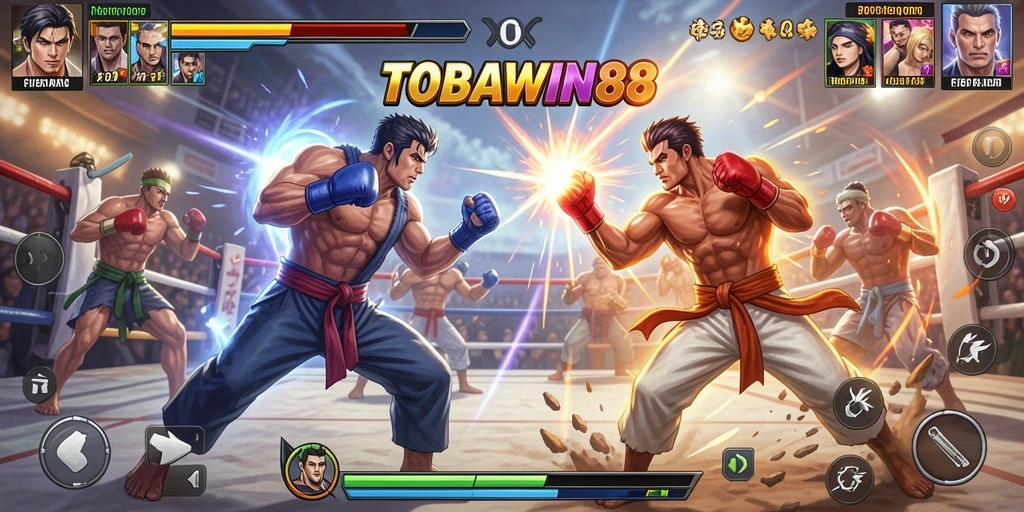 Screenshot utama TOBAWIN88 menampilkan aksi pertarungan yang menegangkan.